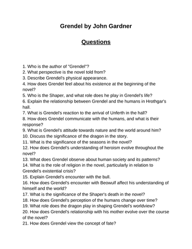 Grendel. 40 Reading Comprehension Questions (Editable)