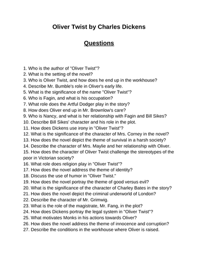 Oliver Twist. 40 Reading Comprehension Questions (Editable)