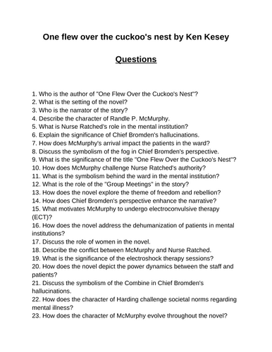 One flew over the cuckoo's nest. 40 Reading Comprehension Questions (Editable)