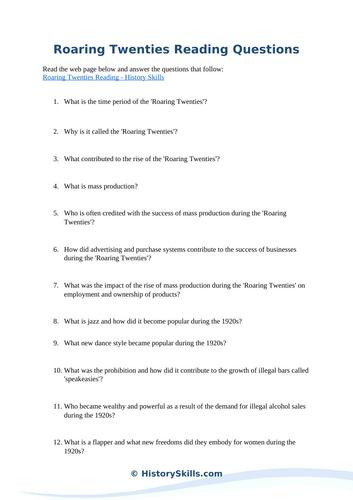 Roaring Twenties Reading Questions Worksheet