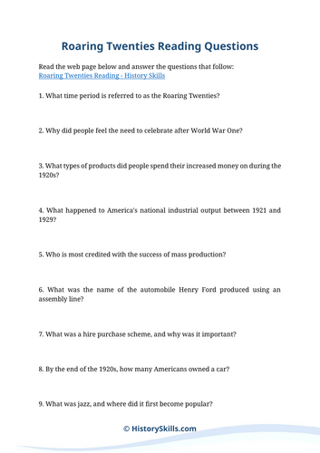 Roaring Twenties Reading Questions Worksheet | Teaching Resources