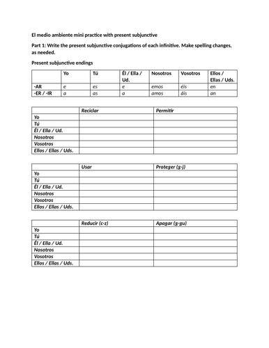 El medio ambiente mini practice with present subjunctive
