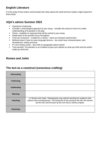 AQA Romeo and Juliet 2024 Walking Talking Mock (WTM) with student booklet & teacher power point