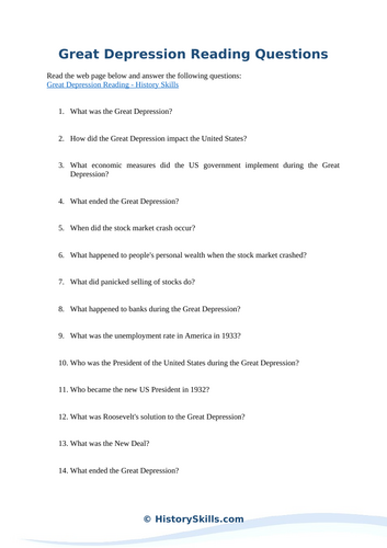 Great Depression Reading Questions Worksheet