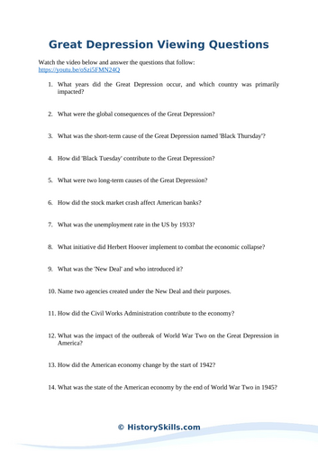 Great Depression Video Viewing Questions Worksheet