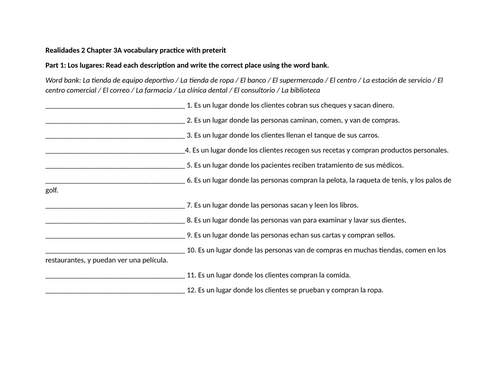 Realidades 2 Chapter 3A vocabulary practice with preterit