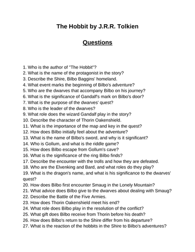 The Hobbit. 40 Reading Comprehension Questions (Editable)