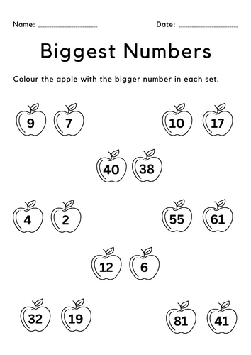colour and circle the bigger number worksheet for kindergarten