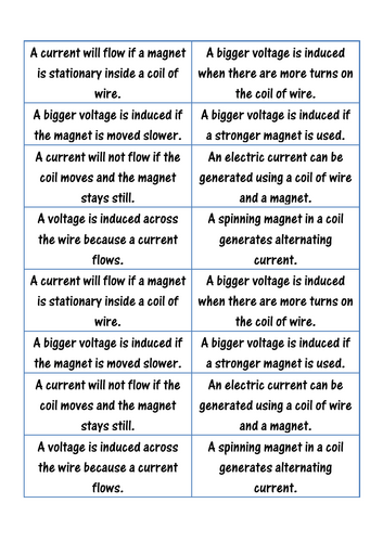 Electromagnetic Induction True or False Card Sort