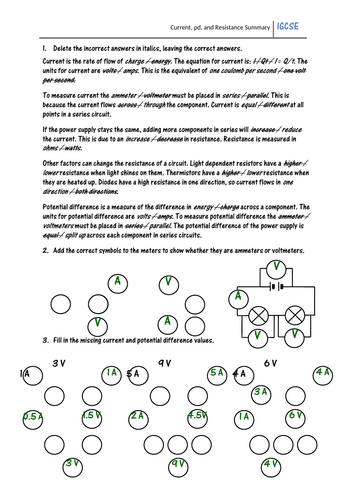 Current, PD & Resistance Summary Worksheet