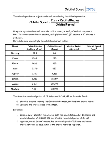 Orbital Speed Calculations Worksheet