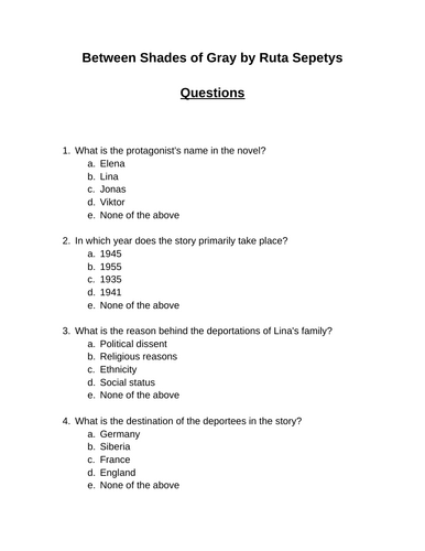 Between Shades of Gray. 30 multiple-choice questions (Editable)