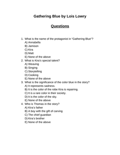 Gathering Blue. 30 multiple-choice questions (Editable)