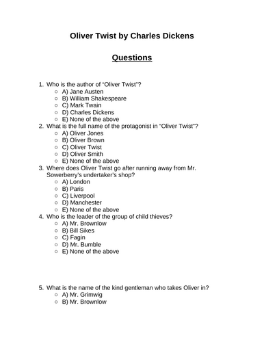 Oliver Twist. 30 multiple-choice questions (Editable)