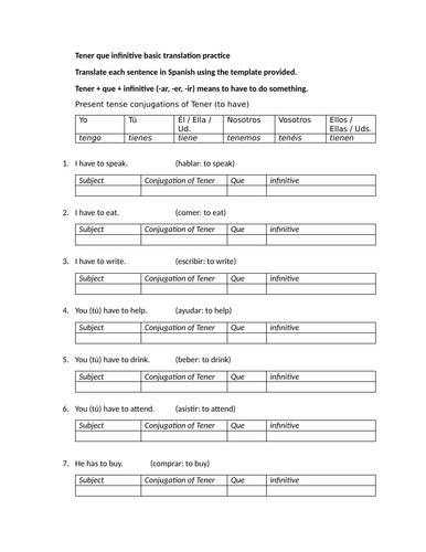 Tener que infinitive basic translation practice