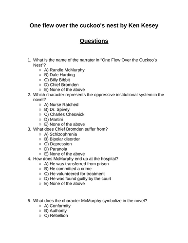 One flew over the cuckoo's nest. 30 multiple-choice questions (Editable)