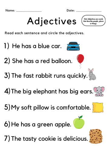 Circle the adjective with answers worksheet for grade 1