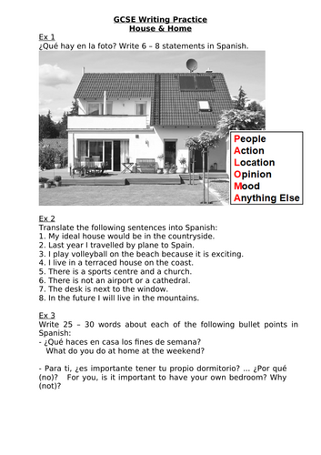 GCSE Spanish (AQA) Writing Worksheets Theme 2 Topic 1: Topic 1: Home, town, neighbourhood and region