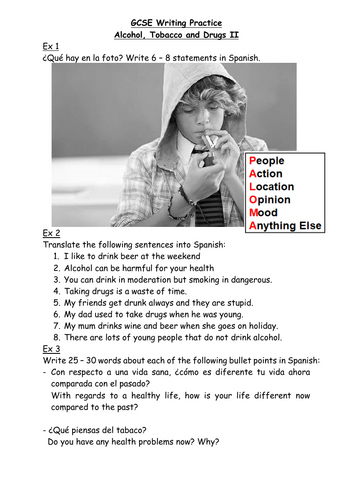 GCSE Spanish (AQA) Writing Worksheets Theme 2 Topic 2: Social Issues (Healthy/Unhealthy Lifestyle)