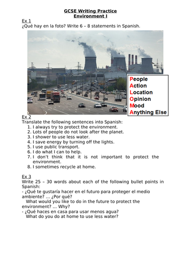 GCSE Spanish (AQA) Writing Worksheets Theme 2 Topic 3: Global Issues (Environment)