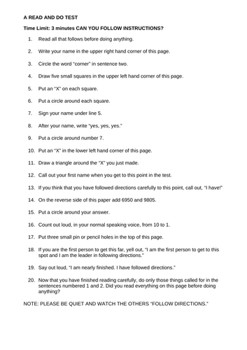 Worksheet: Following Instructions - Teaching pupils to read all instructions first.