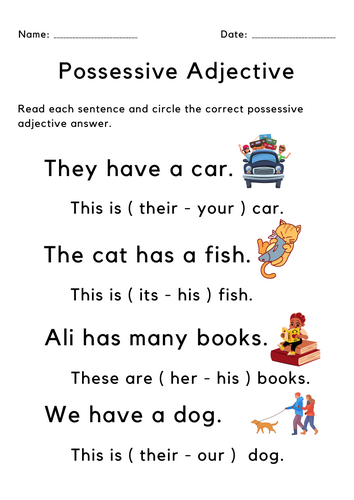 Printable possessive adjective worksheet grade 1