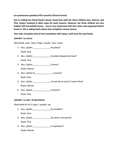 Los quehaceres questions fill in practice (Present tense)