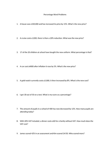 Percentages - Worded problems