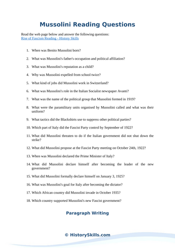 Rise of Mussolini Reading Questions Worksheet