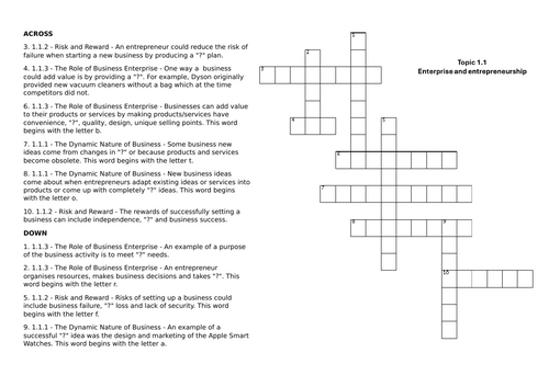 GCSE Business Studies - Pearson Edexcel - Theme 1 Crosswords