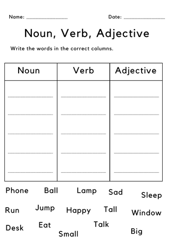 identify noun verb and adjective worksheet for grade 1