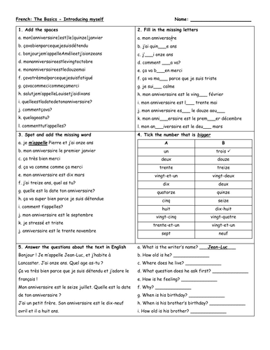 French introducing myself basics revision worksheet