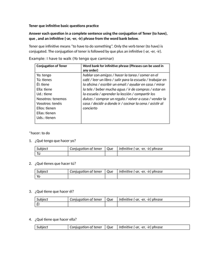 Tener que infinitive basic questions practice