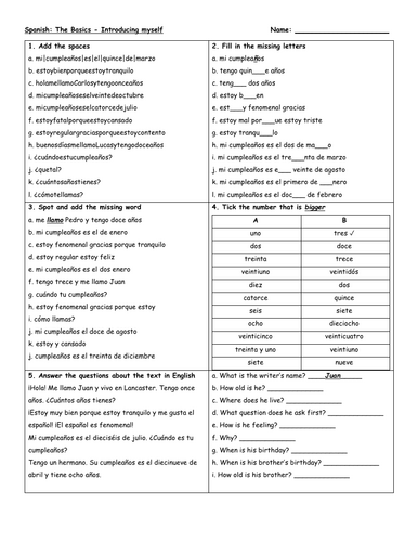 Spanish introducing myself basics revision worksheet