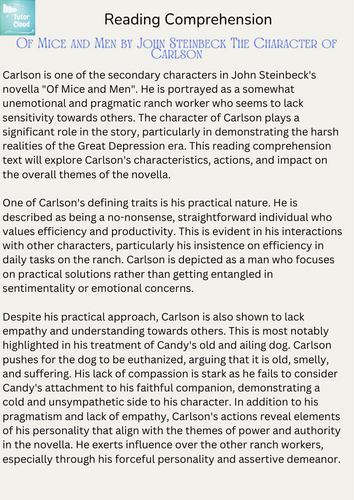 The Character of Carlson in Of Mice and Men by John Steinbeck Reading Comprehension | Teaching ...