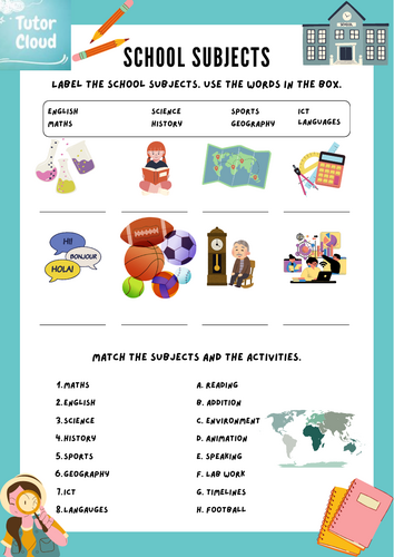 School Subjects and Activities Matching Worksheet