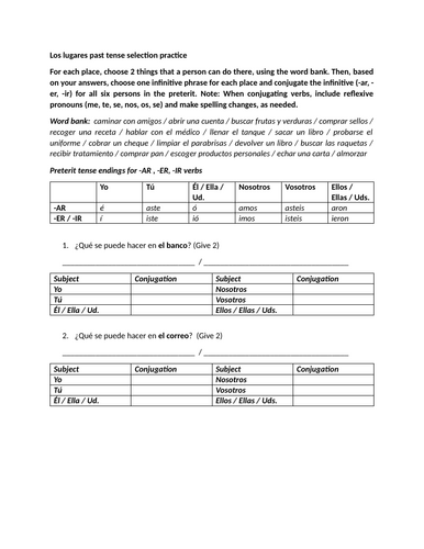 Los lugares past tense selection practice