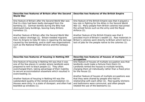 GCSE HISTORY MIGRATION THROUGH TIME. KEY FEATURES OF NOTTING HILL REVISION CARDS