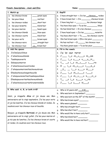 French descriptions avoir & etre revision worksheet