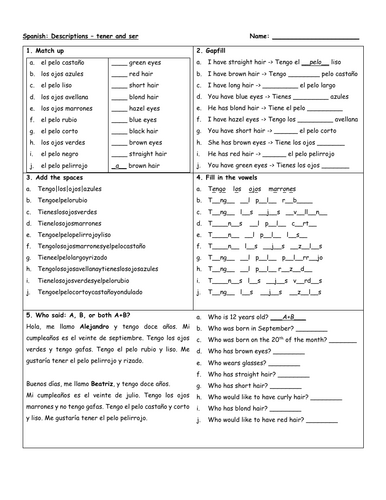 Spanish descriptions tener & ser revision worksheet