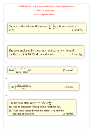 IB AA HL & SL Revision worksheet Integral calculus