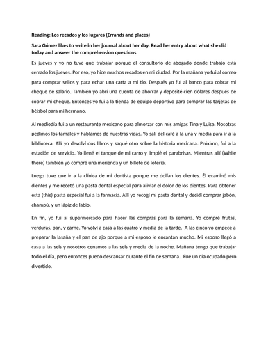 Reading: Los recados y los lugares (Errands and places)