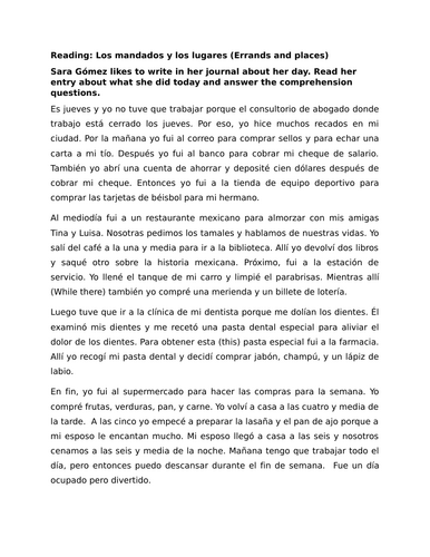 Reading: Los mandados y los lugares (Errands and places)