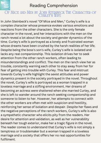 Of Mice and Men by John Steinbeck The Character of Curley's Wife Reading Comprehension