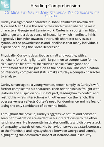 Of Mice and Men by John Steinbeck The Character of Curley Reading Comprehension