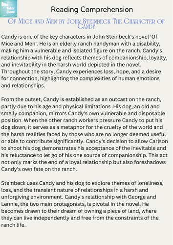 Of Mice and Men by John Steinbeck The Character of Candy Reading Comprehension