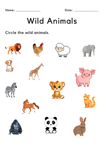 Printable kindergarten circle the wild animals worksheet