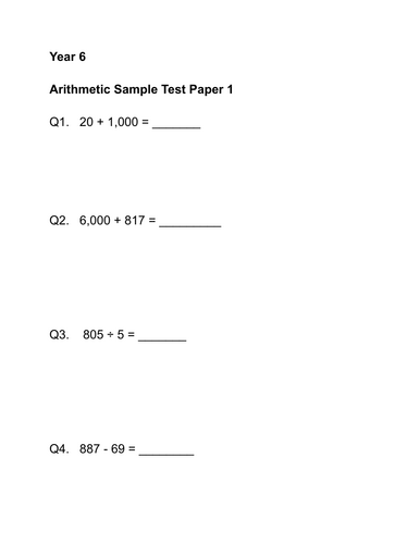 Year 6 Arithmetic Sample Test Papers