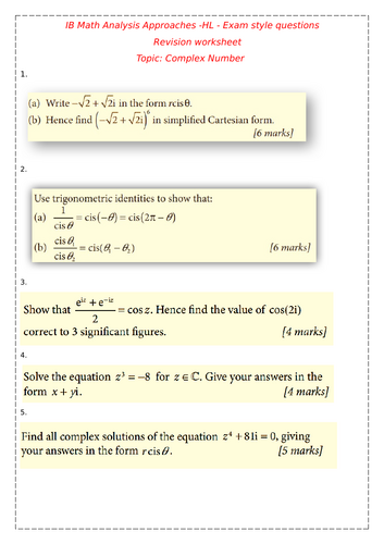 IB Math AA HL Complex Number worksheet with answer key