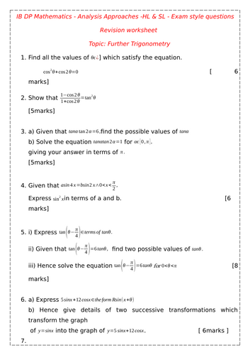IB Math Revision worksheet Further trigonometry